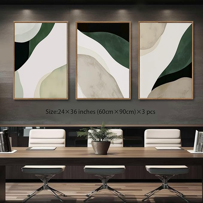 myusuar 3 Piece Large Modern Abstract Canvas Framed Wall Art For Living Room, Green Black White Minimalist Wall Art Decor Posters Prints For Bedroom Office 24x36in