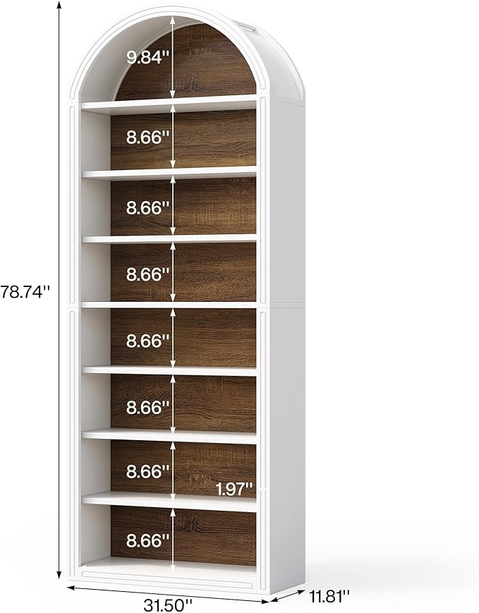 LITTLE TREE 8-Tier Bookcase, 78.7" Tall Bookshelf with Arched Top, Large Freestanding Wooden Open Bookcase Bookshelf, Modern Book Shelf Organizer for Living Room, Bedroom, Office, Library, White Brown