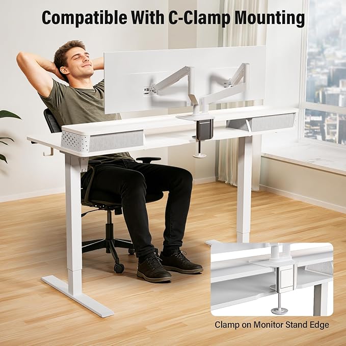 Kingant 35 x 20 Inch Small Electric Standing Desk with Dual Drawers, Height Adjustable Sit to Stand Computer Desk with Storage Shelf and C-Clamp Mount Compatibility for Home Office, White