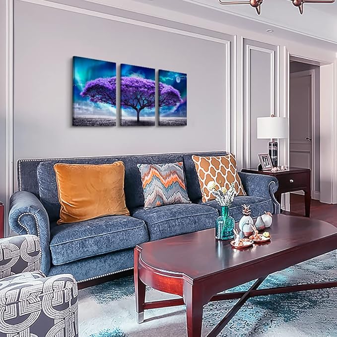 Lapremoly Canvas Wall Art For Living Room Boho Decor Bedroom Farmhouse Pictures Aurora Purple Tree Scenery Paintings Office Prints Dormitory Home Decorations 12'' X 16'' 3 Piece