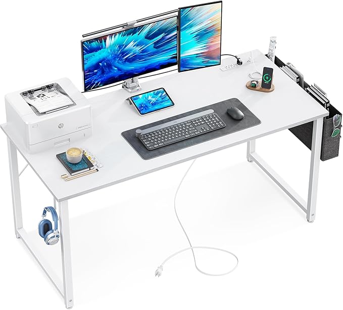 KKL Large Computer Desk with Power Outlets and USB Port Desk for Home Office Gaming Simple Modern Style Writing Desks with Storage Bag Headphone Hook, 55 inch, White