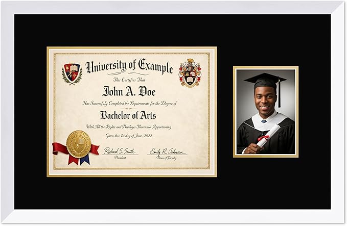 CountryArtHouse Fits 13 x 10 College Diploma (Traditional) and 5 x 7 Photo Diploma and Photo Frame Bright White Genuine Hardwood with Black Over Metallic Gold Double mat