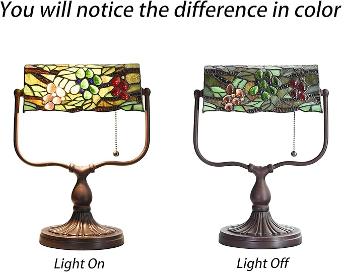 Bieye L10764 Grape Tiffany Style Stained Glass Banker Desk Lamp for Reading Working, 14-inches Tall