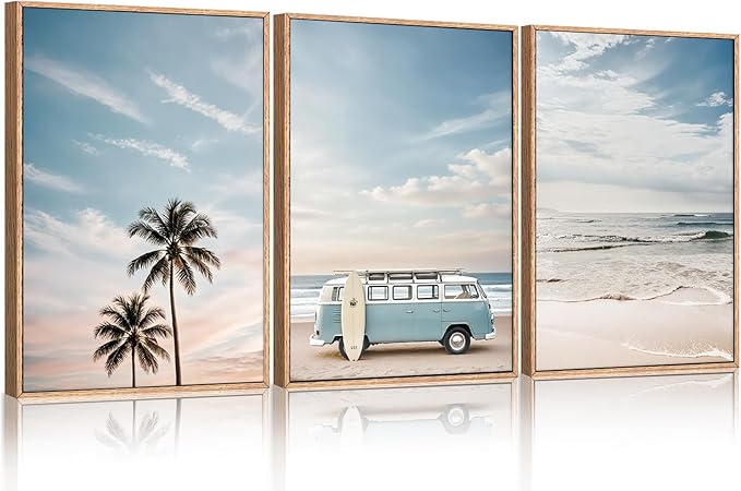 Ausril Large Ocean Beach Framed Canvas Wall Art Set, Bus and Palm Tree Wall Decor, Coastal Beach Surfboard Wall Painting, Modern Seaside Art Prints for Living Room, Bedroom, Dining Room - 24"x36"x3