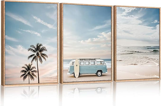 Ausril Large Ocean Beach Framed Canvas Wall Art Set, Bus and Palm Tree Wall Decor, Coastal Beach Surfboard Wall Painting, Modern Seaside Art Prints for Living Room, Bedroom, Dining Room - 24"x36"x3