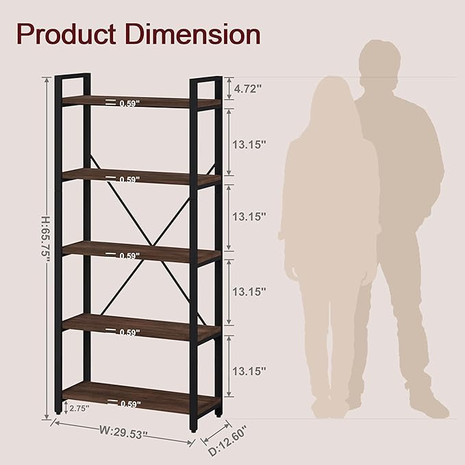 FATORRI 5 Tier Industrial Bookshelf, Rustic Etagere Bookcase for Display, Vintage Shelving Unit Wood and Metal Tall Book Shelves for Home Office (Walnut Brown)