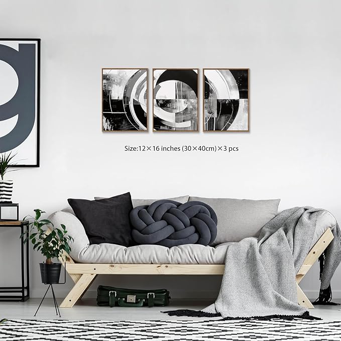 myusuar 3 Piece Large Modern Abstract Canvas Framed Wall Art For Living Room, Black And White Rings Minimalist Wall Art Decor Posters Prints For Bedroom Office, 12x16in