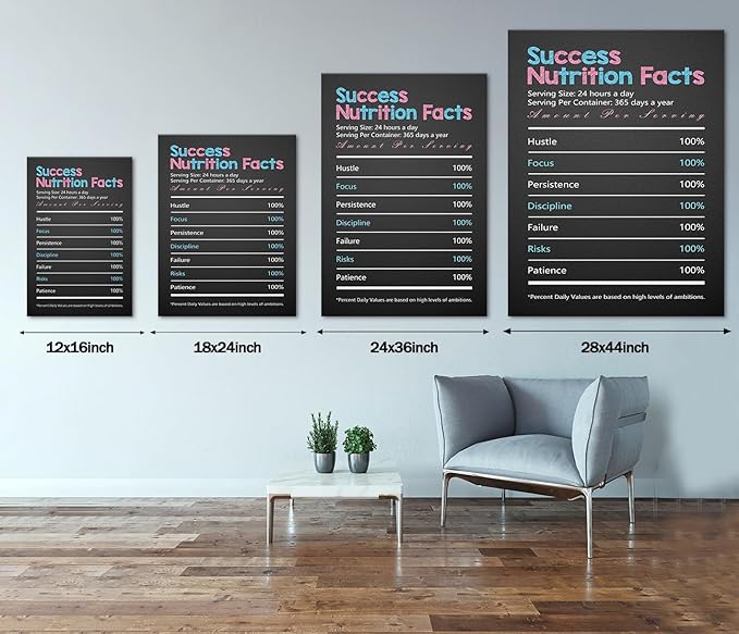 Inspirational Success Wall Art - Positive Affirmations Poster Motivational Wall Decor Success Nutrition Facts Canvas Print Encouragement Quote Picture Modern Home Decor, Framed & Stretched 18"x 24"