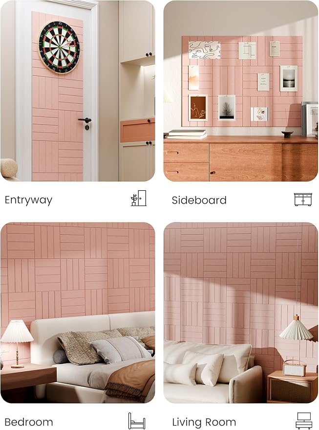 Bumusty Large Cork Board Alternative-48 x 36" Felt Bulletin Board Tiles, with 30 Pushpins, 70 Adhesive Tabs, 12-Pack Slat Wall Paneling, Cork Boards for Office Push Pin Board Felt Board-Pink