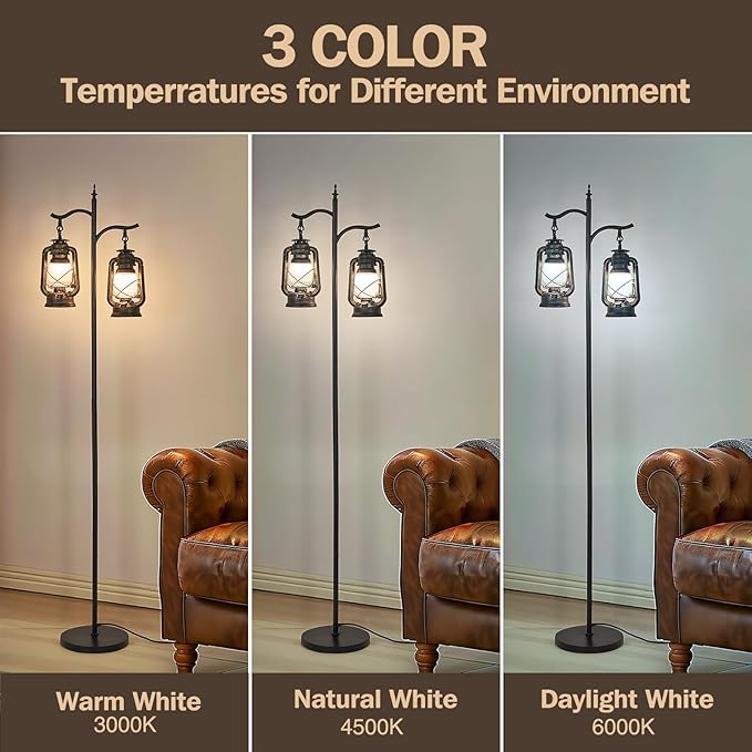 3-Way Lighting Dual Head Farmhouse Floor Lamp, Heavy-Duty Metal Farmhouse Design with Rock-Solid Base, Vintage Standing Lamp for Living Room, Bedroom - Rustic Black Brown Finish