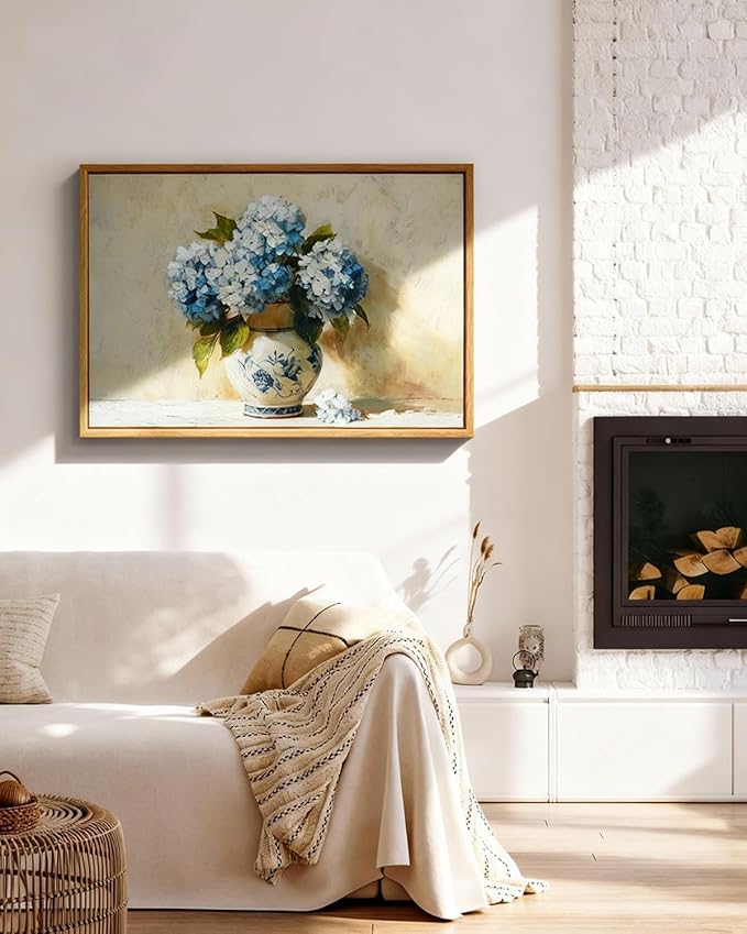 InSimSea Framed Canvas Art Hand-Painted Vintage Blue Hydrangea Art,16x24inch, Textured Floral Paintings Artwork Wall Decor for Living Dining Room Hallway, Classical Still Life Farmhouse Picture
