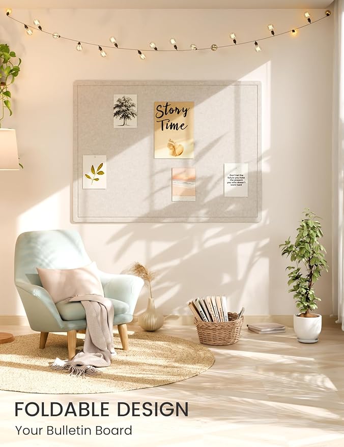 Fluxynara Large Bulletin Board, 47.2" x 35.4" Cork Board Alternative with 24 Safe Removable Adhesive Tabs, Foldable Felt Pin Board for Home Office, Classroom, Bedroom,Entryway for Walls— Oatmeal