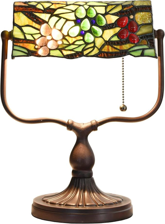 Bieye L10764 Grape Tiffany Style Stained Glass Banker Desk Lamp for Reading Working, 14-inches Tall