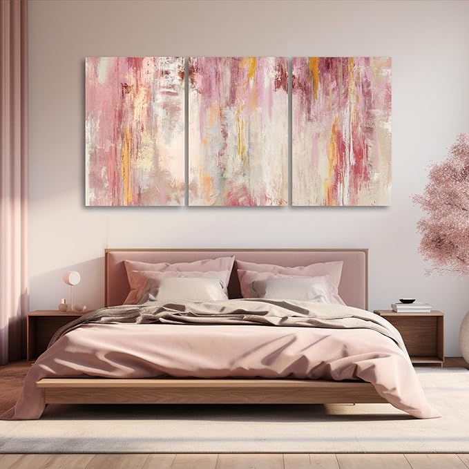 Kureful Large Pink Wall Art Gold Bedroom Decor for Teens Abstract Wall Art for Living Room Canvas Wall Paintings Gold Artwork Pictures for Wall 24"x 36"x 3 Panel