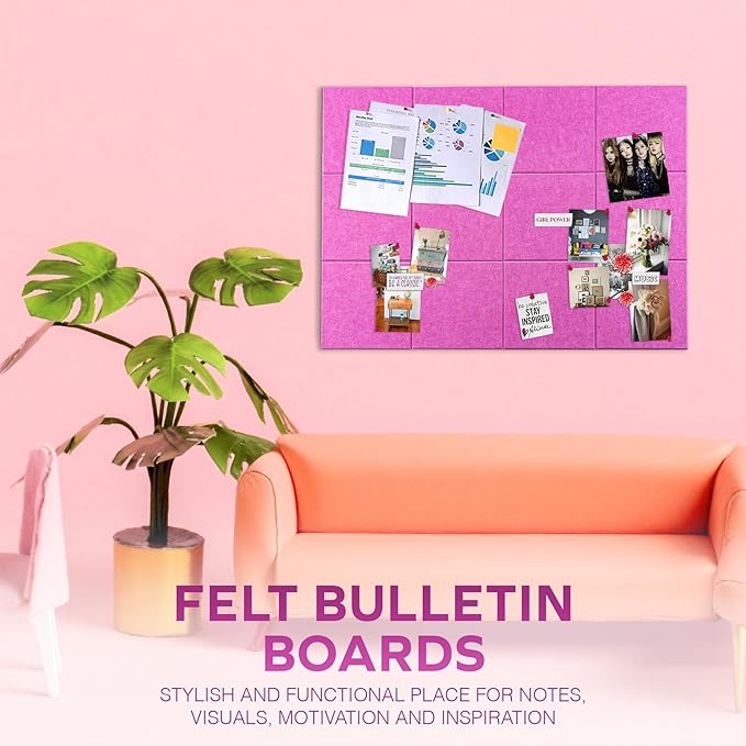 Bulletin Board 40x30in, 12 Count 9.8 x 9.8in Felt Wall Tiles with Removable Adhesive Tape, Cork Board Alternative for Walls, Wall Decor, Kids Art Display, Kids Room (Magenta Collection)