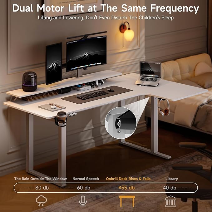 L Shaped Electric Standing Desk, 71x43'' Computer Desks with 2 Monitor Shelves, Dual Motor and Memory Controller, Gaming Corner Desk Adjustable Height from 28-46'' for Home Office Workstation, White