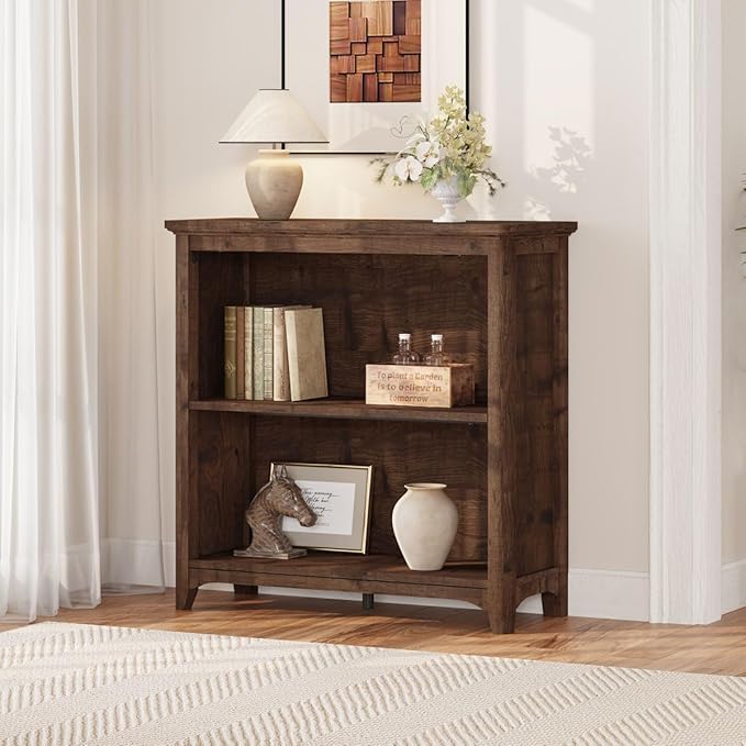 BON AUGURE Bookcase, Open Storage Book Cases/Shelves, Floor Standing 2 Shelf Bookshelf for Farmhouse Living Room, Library Office, Bedroom, Kids (Rustic Oak, 30 in)