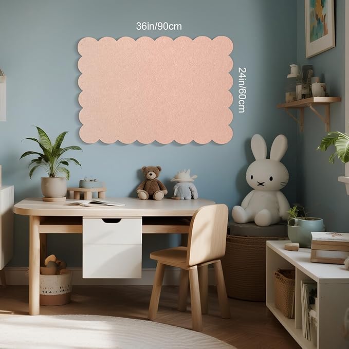 Scalloped Bulletin Board, 36 x 24 Inches Felt Pin Board - Decorative Cork Alternative for Wall, Foldable Picture Self-Adhesive Vision Prayer Board with 20 Pushpins - Mauvey Pink