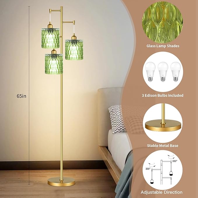 Gold Floor Lamp for Living Room Bedroom,3 Lights Vintage Tree Floor Lamps with Green Glass Shades,Mid Century Modern Floor Lamp for Corner Office,68IN Unique Tall Standing Lamp with Bulbs