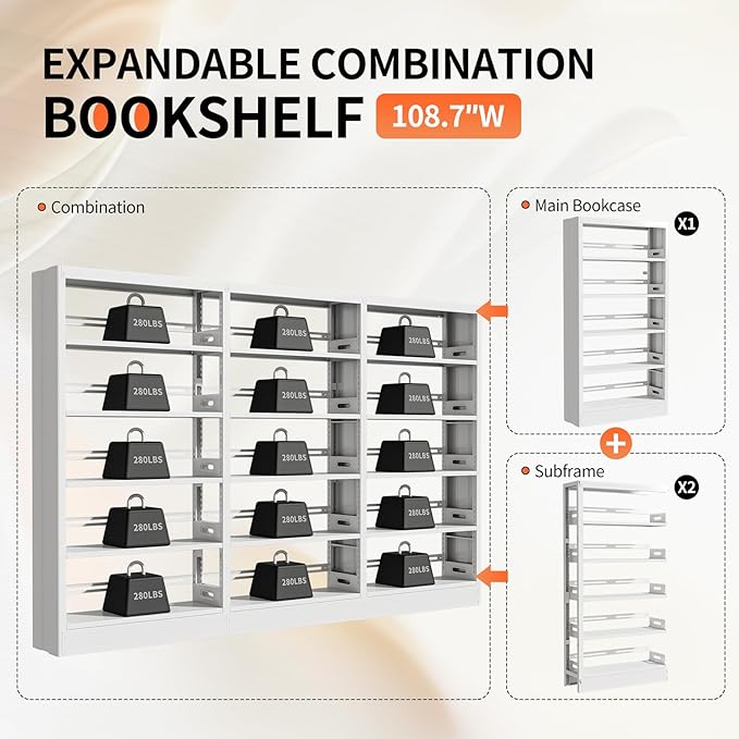 71" Metal Book Shelf, 5 Tier Bookshelf with Adjustable Shelves, Bookshleves and Bookcases, Heavy Duty Library Book Case, Expandable Combination Bookshelf (White, 108.3" W)