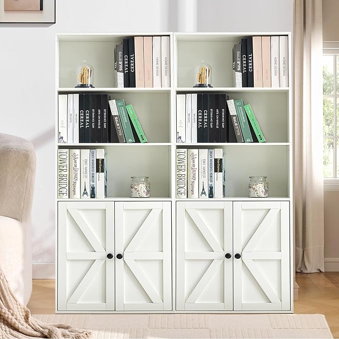 White 5-Tier Bookshelves for Living Room, Farmhouse Tall Bookcase with Doors, Wooden Bookshelf with Storage Cabinet and Shelves for Living Room, Home Office (2PCS)