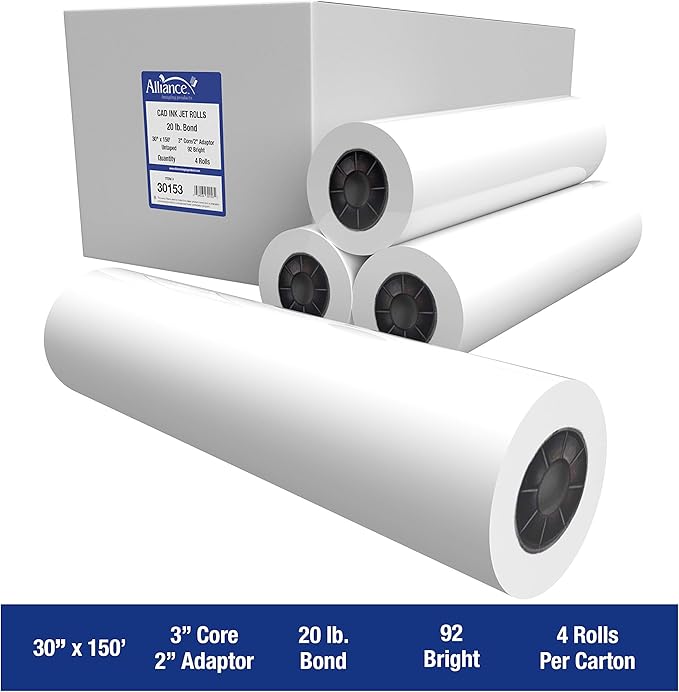 Alliance Wide Format Paper Rolls CAD Bond 30" Widths (4 Rolls, 30 In x 150 Ft | 3" Core)