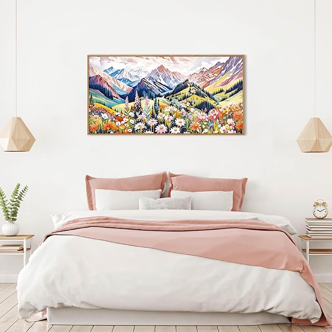 Aryroi Abstract Spring Colorful Floral Landscape Framed Canvas Wall Art,Natural Boho Woodland Mountain Wildflower Decor,Modern Pink Blossom Botanical Artwork for Living Room, Bedroom, Farmhouse-40"x20"x1