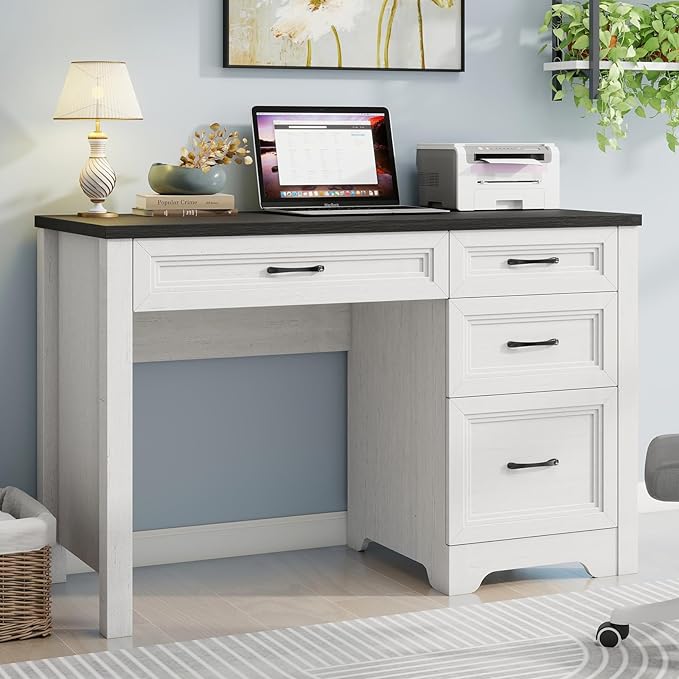 Farmhouse Executive Desk with Drawers, Wood Computer Desk with Ample File Drawer, Rustic Home Office Desk with Storage for Bedroom, Living Room, Black