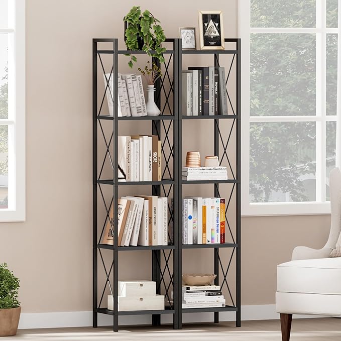 Homhedy 5 Tier Bookshelf, Tall Narrow Bookcase for Small Space, Metal Storage Book Shelf, for Home Office, Living Room, Kitchen, Bedroom, Industrial Style, 10.4" D x 13" W x 55.1" H, Black