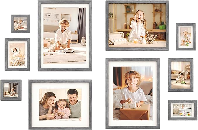 Egofine Picture Frame Set 10 Pack, Collage Wall & Tabletop Decor with Two Sizes - 12x16, 11x14, 5x7, 4x6, 4x4; Solid Wood, Plexiglass Cover, Oak Grey