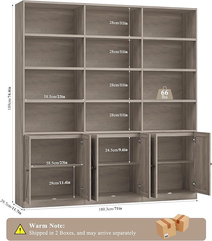 FACBOTALL 75" Triple Wide Bookshelf, Bookshelf and Bookcase with 6 Farmhouse Doors, 71" Wide 6 Tier Book Shelf with 18 Storage Shelves, Large Wooden Bookshelves, Tall Bookcase for Home Office, Gray