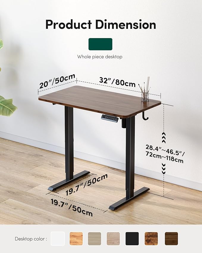 CubiCubi 32 x 20 Small One-Piece Standing Desk, Adjustable Height Electric Computer Sit Stand up Home Office Workstation, with 4 Memory Presets, Headphone Hook, Black Walnut