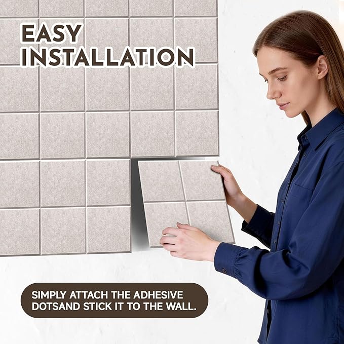 MISSDAY Oatmeal Acoustic Wall Panel Felt Bulletin Board 48" x 36" Cork Board for Wall, 12-Pack Boards with 72 Removable Adhesive Tabs, 50 Pins, Pin Board for Home Office Classroom Soundproof Wall Tile
