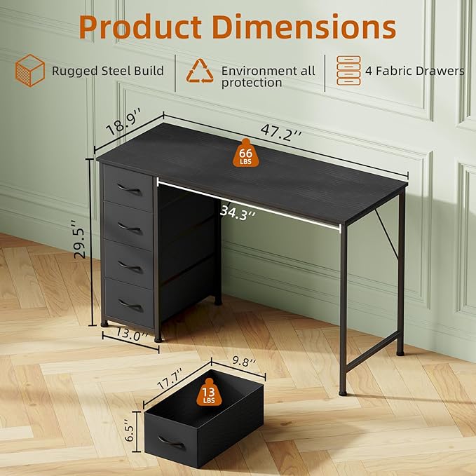 Somdot 47" Computer Desk with 4 Drawers for Bedroom,Simple Home Office Writing Desk,Gaming Table with Storage,Modern Work for Home Office, Study, Living Room,Black