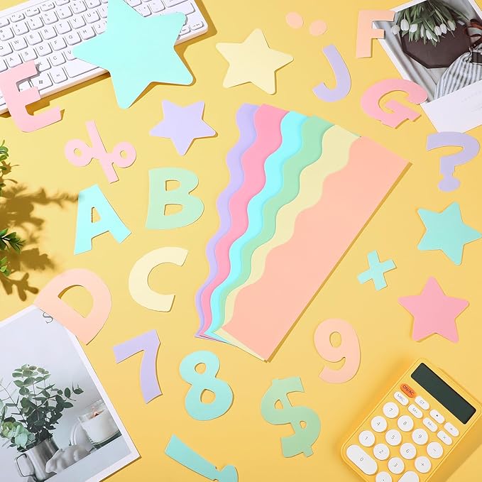 Containlol 188 Pcs Bulletin Board Borders Letters Stars Cutouts Set Include 59ft Poster Board Trims, Alphabet Letter Star Number Punctuation for Classroom(Pastel Color)