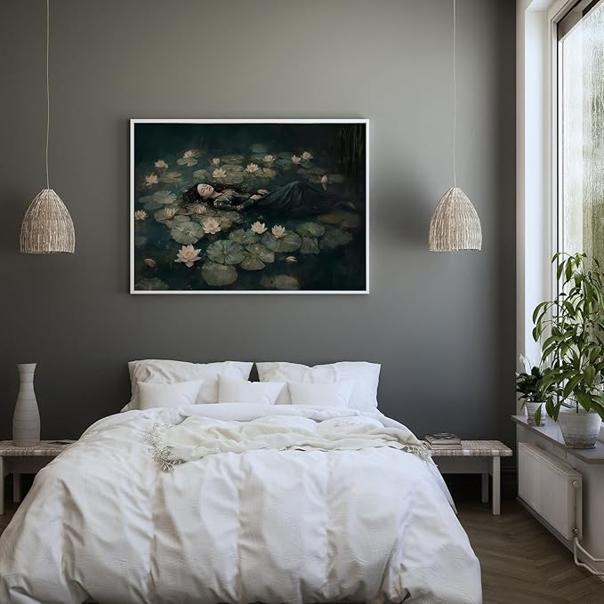 Vintage Moody Wall Art Vintage Woman Wall Art Dark Academia Picture Gothic Poster Women Portrait Oil Painting Victorian Woman in Lily Lake Canvas Print for Home Bedroom Living Room 16x24Inch UnFramed