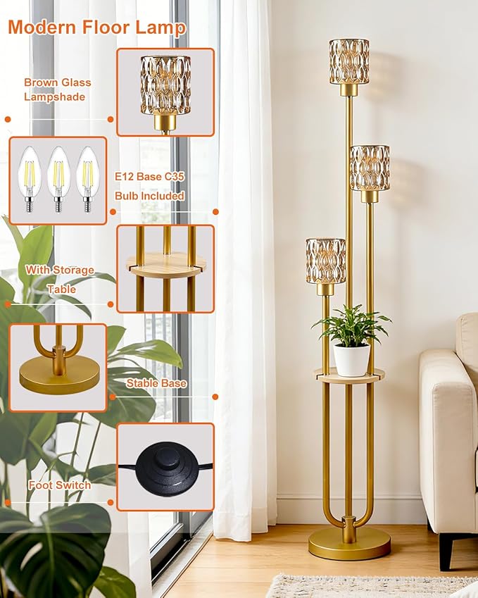 3-Light Modern Glass Floor Lamp with Shelf, Gold Tall Standing Lamp with Amber Flower Glass Shade, Industrial LED Floor Lamp with Foot Switch for Living Room Bedroom Home Decor, Bulb Included