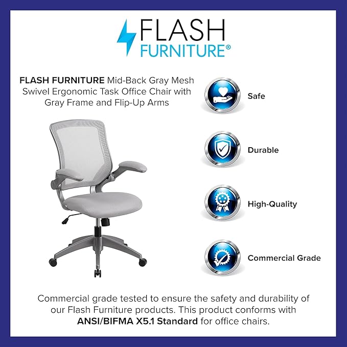 Flash Furniture Kale Mid-Back Gray Mesh Swivel Ergonomic Task Office Chair with Gray Frame and Flip-Up Arms