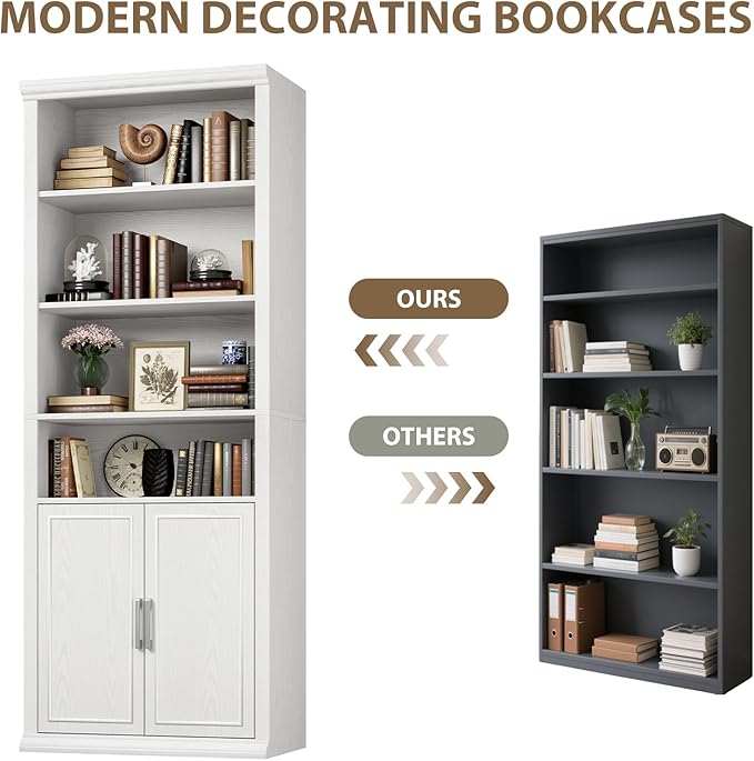 Rresyet 28" W Bookcase and Bookshelf with Doors, Modern Tall Bookshelf 6-Tier White Bookshelves with Storage Cabinet for Office, Living Room, Library