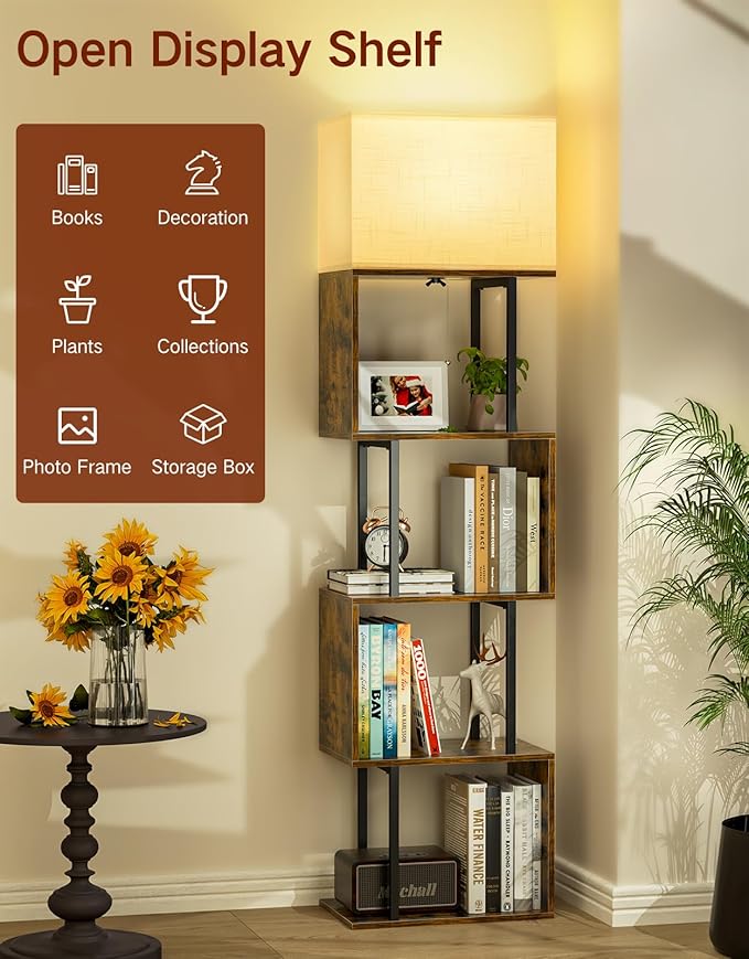 5-Tier Floor Lamp with Shelves & Remote, Dimmable S-Shaped Bookshelf with 3 Color Temperature, 1-Hour Timer, Tall Corner Standing Lamp for Living Room, Bedroom, Office (Rustic Brown)