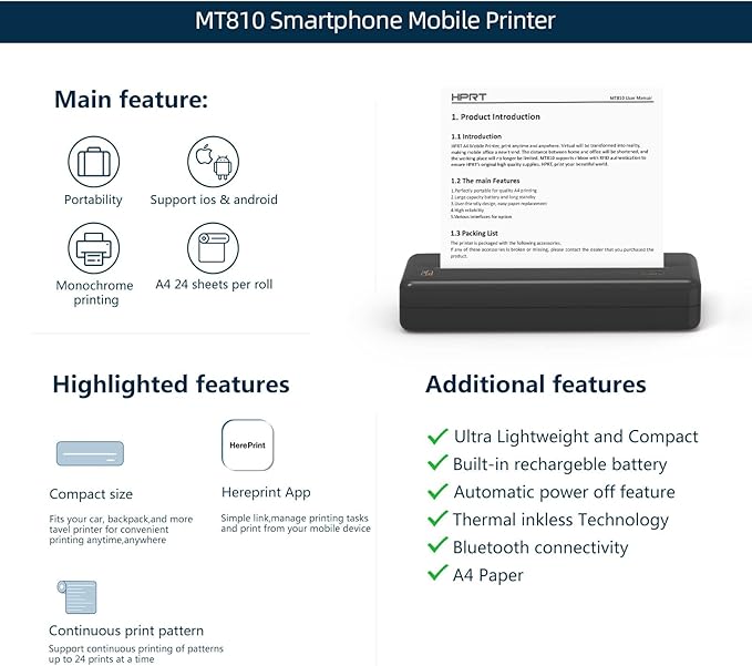 HPRT MT810 Wireless Portable Printer – Bluetooth Thermal Inkless Printer for Travel, Mobile Office, School and Home – Compatible with iOS, Android (Black)