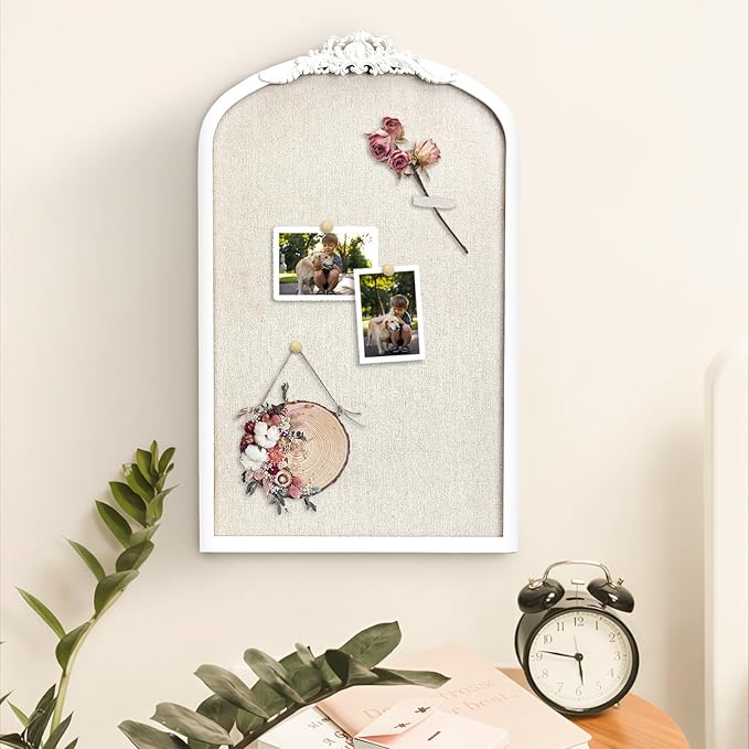 Bulletin Board with Linen, Vintage Arch Framed Pin Board – 19 x 31 White Cork Board for Walls, White Pine Wood Frame, Fabric Pinboard, Vision Board for School, Home & Office