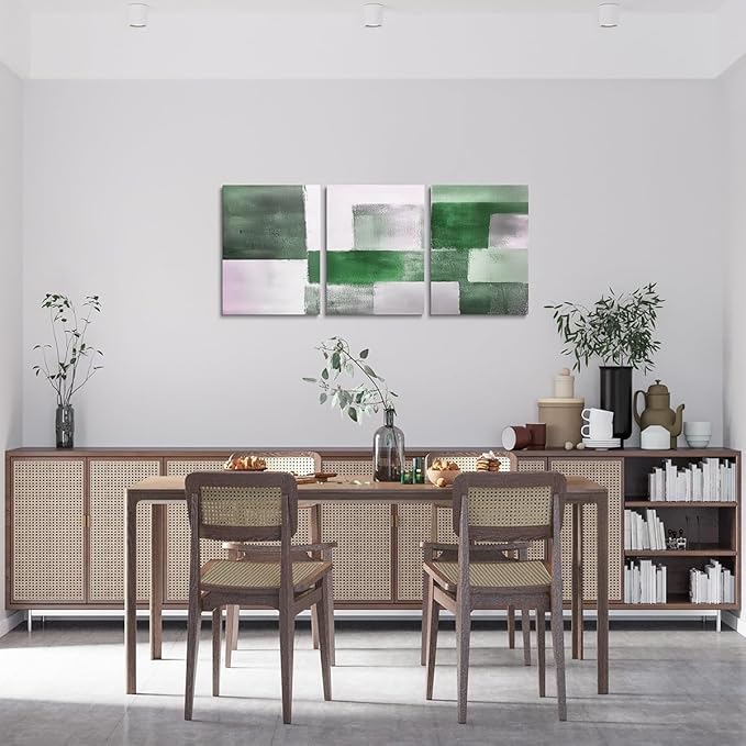 jejeloiu Modern Art 3 Piece Canvas Wall Art for Living Room Bedroom Abstract Art Picture Wall Decor 12"x16"x3pcs Green Abstract Oil Painting Office Decorations Artwork Posters