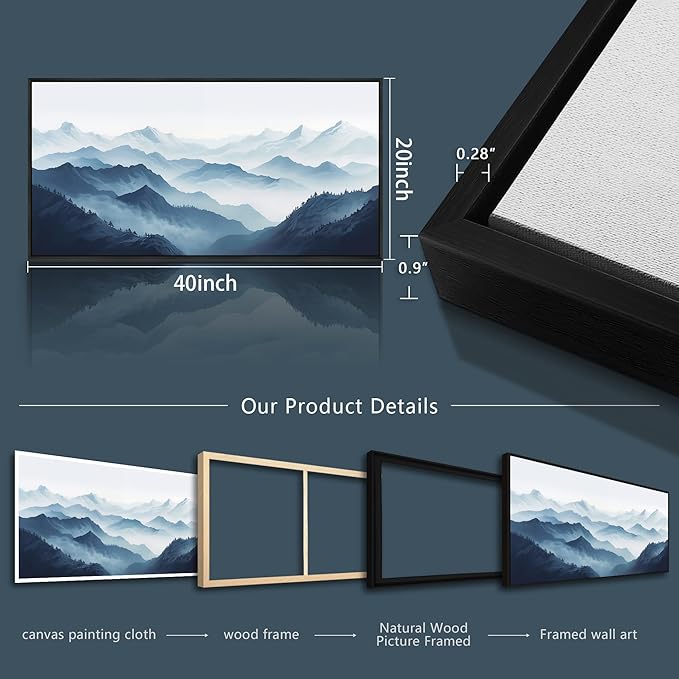 Wapluam Black Framed Canvas Wall Art For Living Room Large Wall Decor For Office Bedroom Decoration Art Black And White Grey Mountain Scenery Wall Painting View Wall Picture Hotel Room Home Artwork