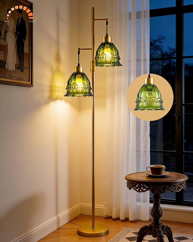 Lightdot 65IN Glass Floor Lamp for Living Room, 2- Light Gold Flower Floor Lamps with Green Glass Lampshade, 3000K Warm White Modern Standing Tall Lamp for Bedroom Corner