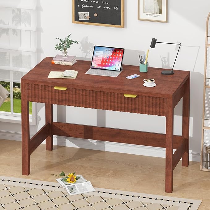 Fluted Computer Desk with 2 Drawers, 39 Inch Small Computer Desk with Storage, Compact Writing Study Desk for Small Spaces, Red Walnut