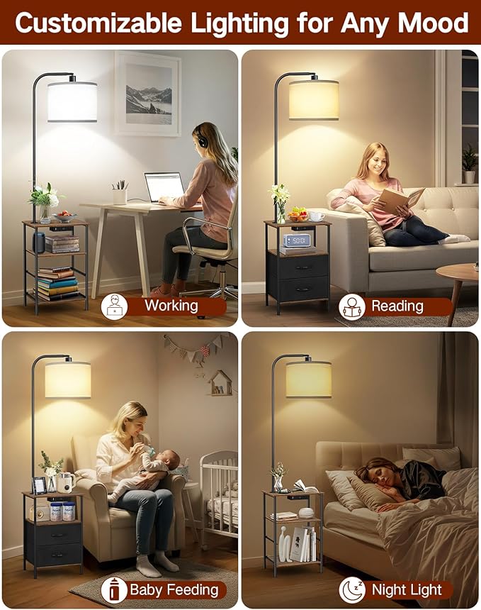 Floor Lamp with Table, 2 Drawers & Remote, Side End Table with Charging Station, Dimmable Nightstand with 3 Color Temperature, 1-Hour Timer, 12W LED Bulb, for Living Room, Bedroom
