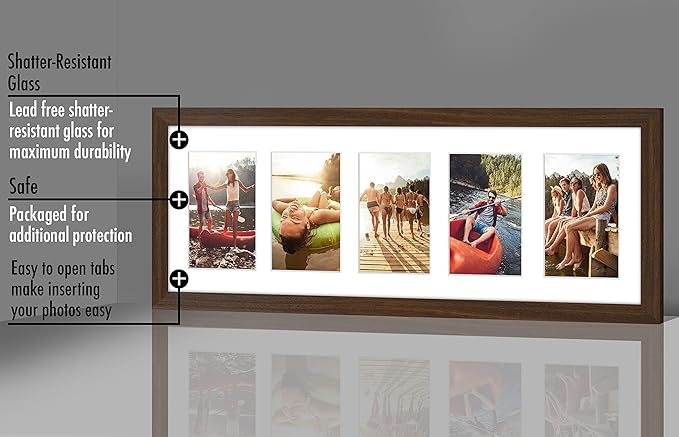 Americanflat 4x6 Collage Picture Frame with Shatter-Resistant Glass - Fits Five 4x6 Photos or Use as One 8x24 Picture Frame - Signature Collection - Collage Frames for Wall Display - Walnut