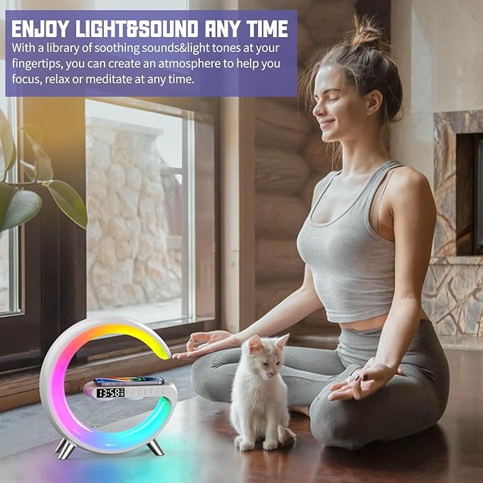 4-in-1 Wireless Charger Atmosphere Lamp, Bluetooth Speaker, LED Dimmable Night Light Table Lamp, Alarm Clock, Ideal Birthday Gift Room Decor (White, Key Control)
