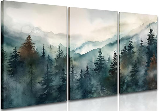 AKWISH Framed Green Forest Canvas Wall Art Set of 3, Boho Misty Watercolor Pine Tree Wall Decor Art, Nature Scenery Foggy Mountain Posters Prints for Living Room, Bedroom, Office 16x24 In